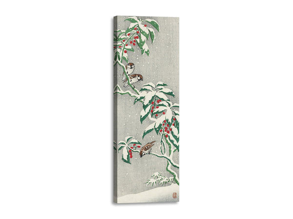 Quadro Stampa su Tela con Telaio in Legno Ohara Koson - Sparrows on snowy berry bush