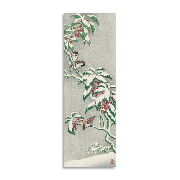 Quadro Stampa su Tela con Telaio in Legno Ohara Koson - Sparrows on snowy berry bush