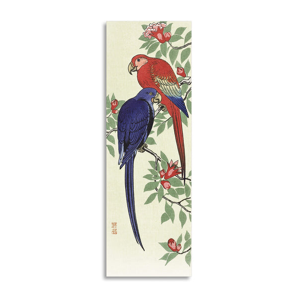 Quadro Stampa su Tela con Telaio in Legno Ohara Koson - Red and a blue parrot