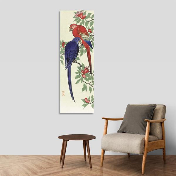 Quadro Stampa su Tela con Telaio in Legno Ohara Koson - Red and a blue parrot