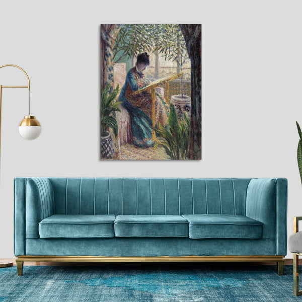 Quadro Stampa su Tela con Telaio in Legno Claude Monet - Madame Monet Embroidering