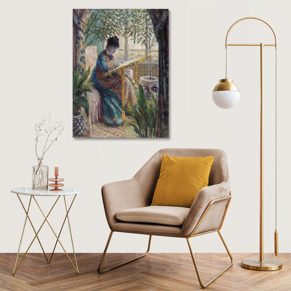 Quadro Stampa su Tela con Telaio in Legno Claude Monet - Madame Monet Embroidering