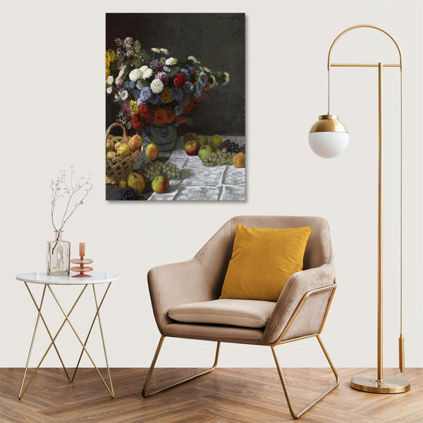 Quadro Stampa su Tela con Telaio in Legno Claude Monet - Still Life with Flowers and Fruit