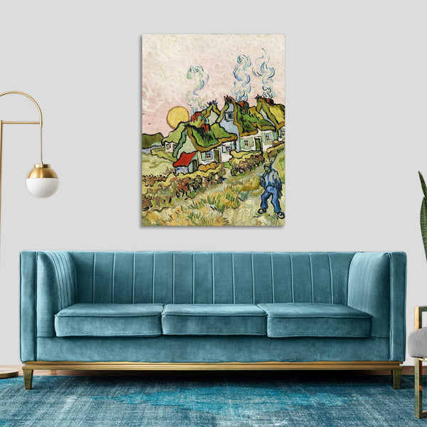 Quadro Stampa su Tela con Telaio in Legno Vincent van Gogh - Houses and Figure