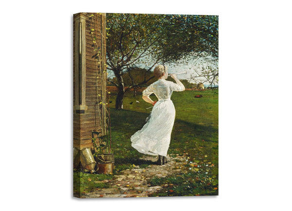 Quadro Stampa su Tela con Telaio in Legno Winslow Homer - The Dinner Horn, Blowing the Horn at Seaside