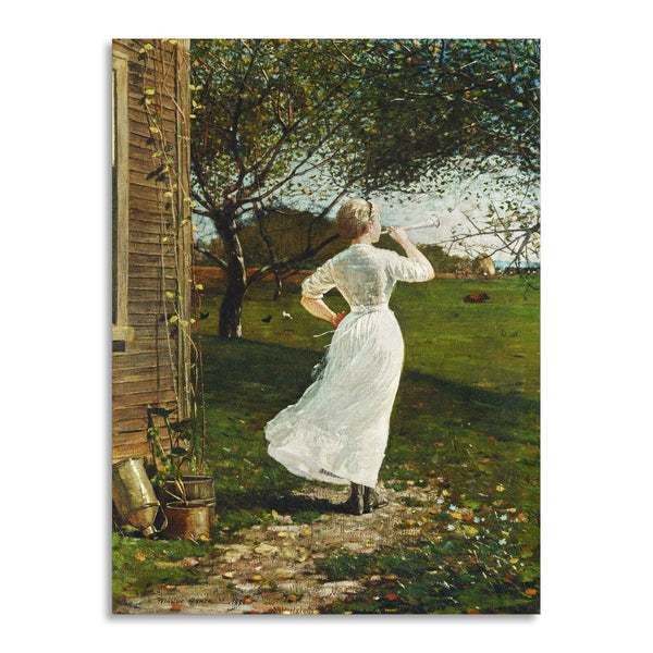 Quadro Stampa su Tela con Telaio in Legno Winslow Homer - The Dinner Horn, Blowing the Horn at Seaside