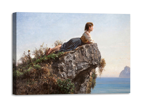 Quadro Stampa su Tela con Telaio in Legno Filippo Palizzi - la fanciulla sulla roccia a Sorrento