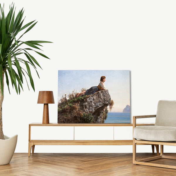 Quadro Stampa su Tela con Telaio in Legno Filippo Palizzi - la fanciulla sulla roccia a Sorrento