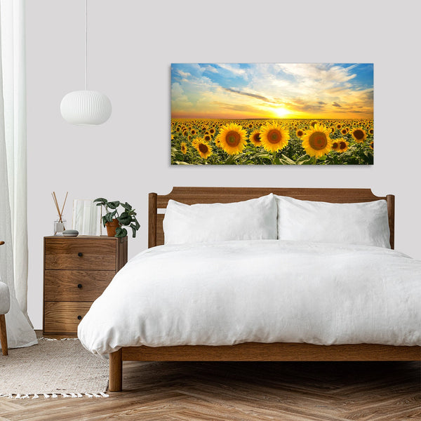 Quadro Stampa su Tela con Telaio in Legno paesaggio campo di girasoli