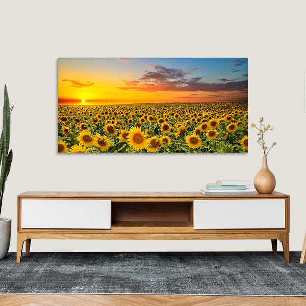 Quadro Stampa su Tela con Telaio in Legno paesaggio campo di girasoli
