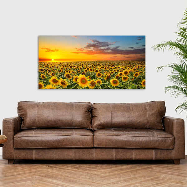 Quadro Stampa su Tela con Telaio in Legno paesaggio campo di girasoli