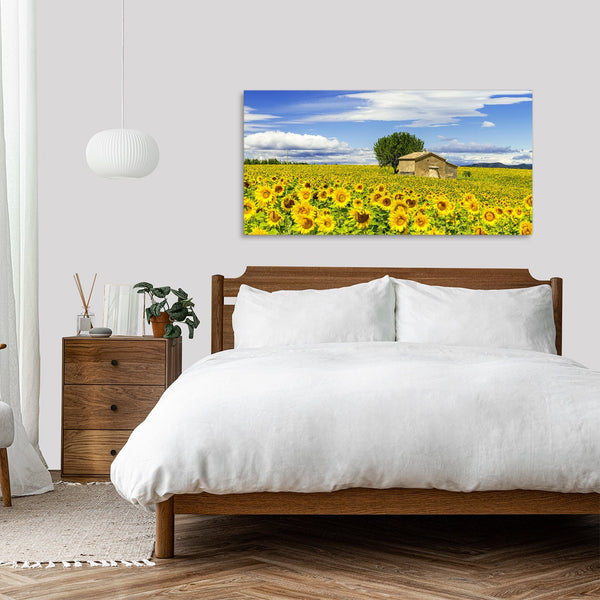 Quadro Stampa su Tela con Telaio in Legno paesaggio campo di girasoli