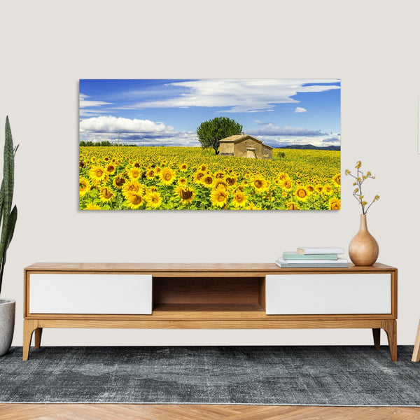 Quadro Stampa su Tela con Telaio in Legno paesaggio campo di girasoli