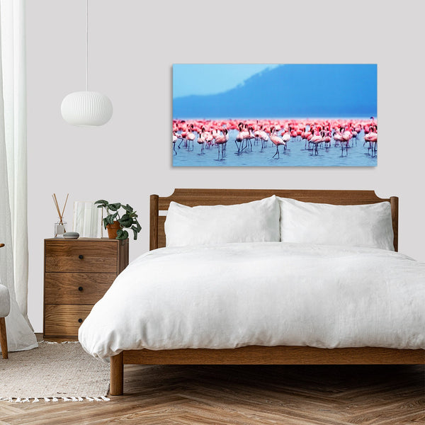 Quadro Stampa su Tela con Telaio in Legno paesaggio fenicotteri