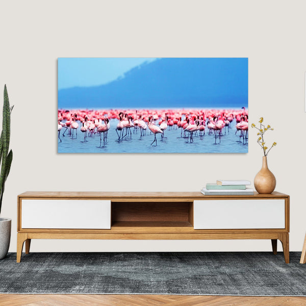 Quadro Stampa su Tela con Telaio in Legno paesaggio fenicotteri