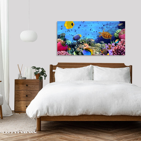 Quadro Stampa su Tela con Telaio in Legno paesaggio acquario pesci tropicali
