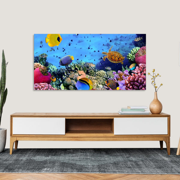 Quadro Stampa su Tela con Telaio in Legno paesaggio acquario pesci tropicali