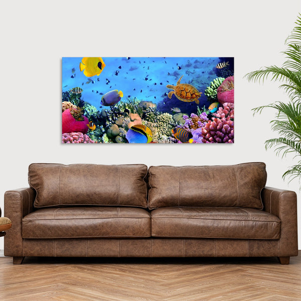 Quadro Stampa su Tela con Telaio in Legno paesaggio acquario pesci tropicali