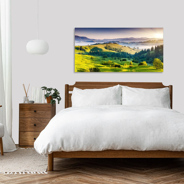 Quadro Stampa su Tela con Telaio in Legno paesaggio montagne tramonto