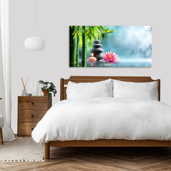 Quadro Stampa su Tela con Telaio in Legno fiori zen