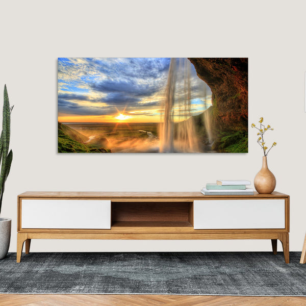 Quadro Stampa su Tela con Telaio in Legno paesaggio cascata tramonto