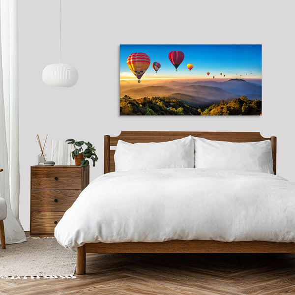 Quadro Stampa su Tela con Telaio in Legno paesaggio mongolfiere