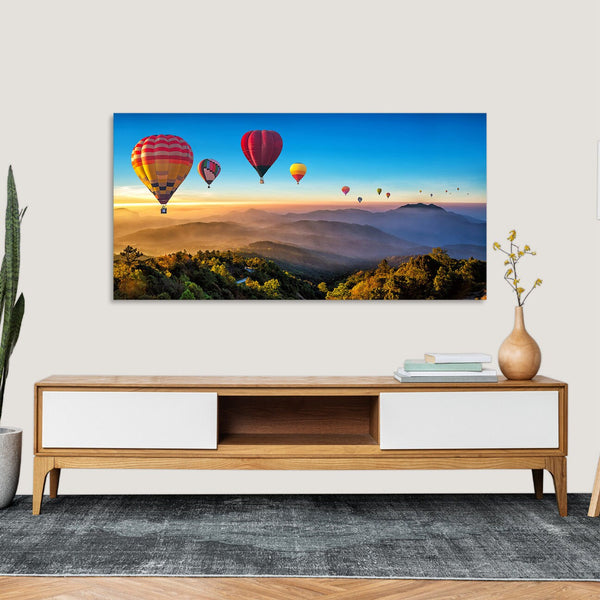 Quadro Stampa su Tela con Telaio in Legno paesaggio mongolfiere