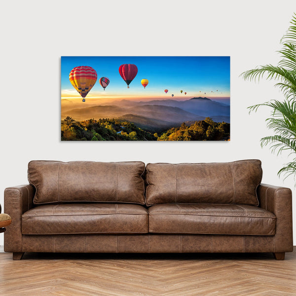 Quadro Stampa su Tela con Telaio in Legno paesaggio mongolfiere