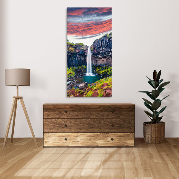 Quadro Stampa su Tela con Telaio in Legno paesaggio cascata tramonto