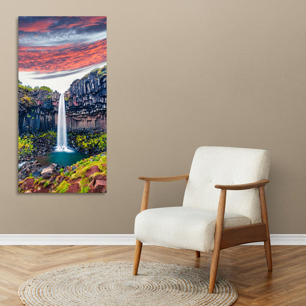 Quadro Stampa su Tela con Telaio in Legno paesaggio cascata tramonto