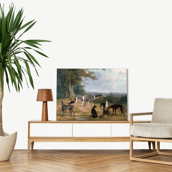 Quadro Stampa su Tela con Telaio in Legno Jacques–Laurent Agasse - Nine Greyhounds in a Landscape