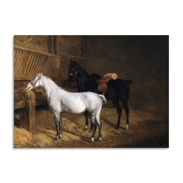 Quadro Stampa su Tela con Telaio in Legno Jacques–Laurent Agasse - A Grey Pony and a Black Charger in a Stable