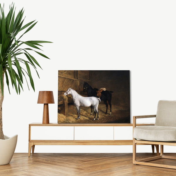 Quadro Stampa su Tela con Telaio in Legno Jacques–Laurent Agasse - A Grey Pony and a Black Charger in a Stable