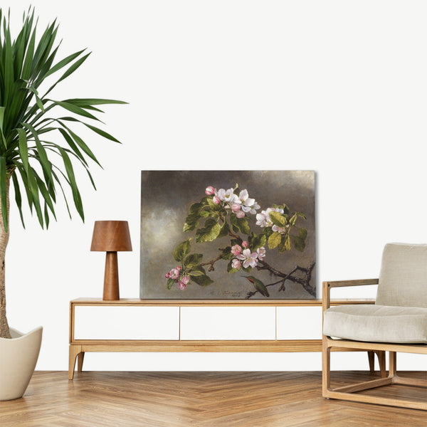 Quadro Stampa su Tela con Telaio in Legno Martin Johnson Heade - Hummingbird and Apple Blossoms