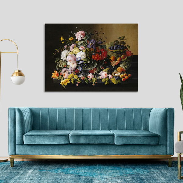 Quadro Stampa su Tela con Telaio in Legno Severin Roesen - Flowers and Fruit