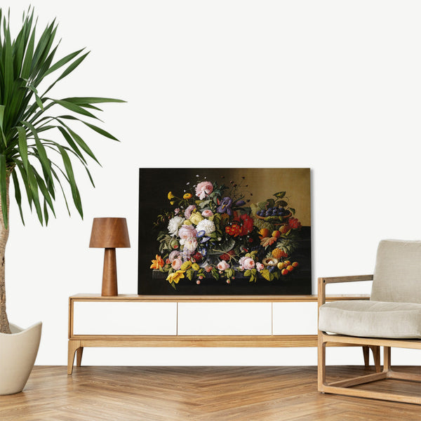 Quadro Stampa su Tela con Telaio in Legno Severin Roesen - Flowers and Fruit