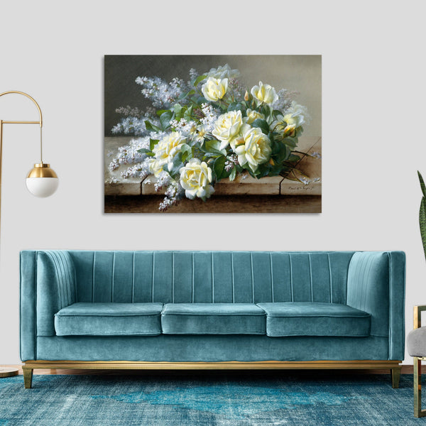 Quadro Stampa su Tela con Telaio in Legno Raoul De Longpre - A Still Life with Roses