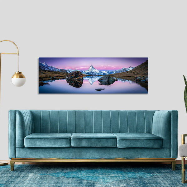 Quadro Stampa su Tela con Telaio in Legno paesaggio montagne tramonto