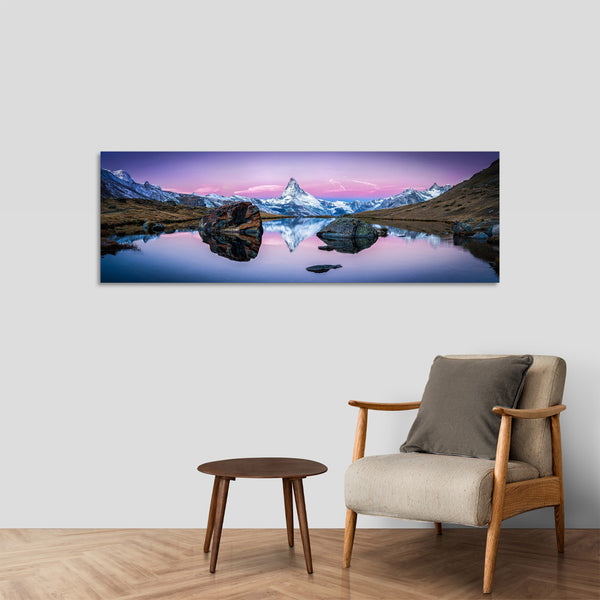 Quadro Stampa su Tela con Telaio in Legno paesaggio montagne tramonto