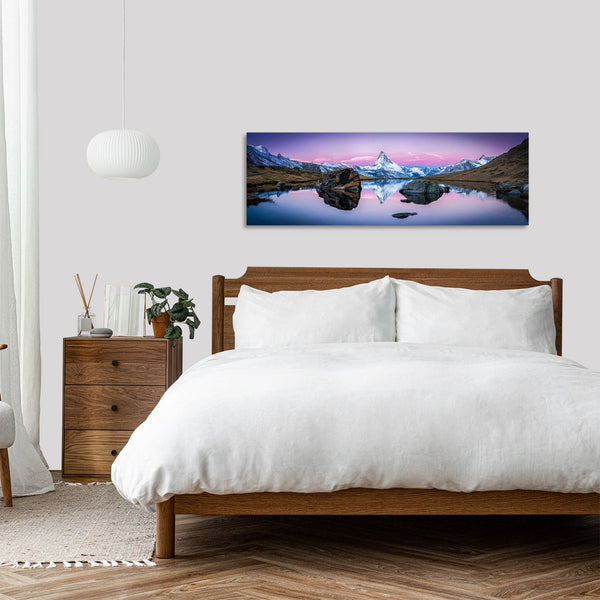 Quadro Stampa su Tela con Telaio in Legno paesaggio montagne tramonto