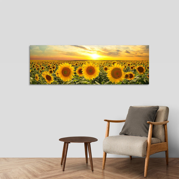 Quadro Stampa su Tela con Telaio in Legno paesaggio campo di girasoli tramonti
