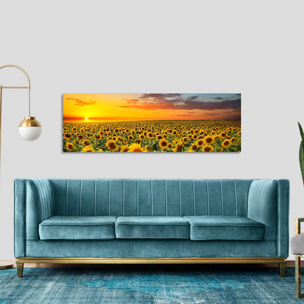 Quadro Stampa su Tela con Telaio in Legno paesaggio campo di girasoli tramonti