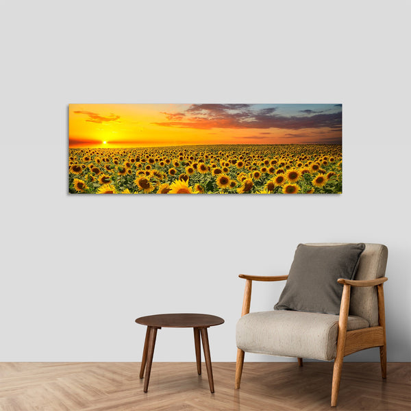 Quadro Stampa su Tela con Telaio in Legno paesaggio campo di girasoli tramonti