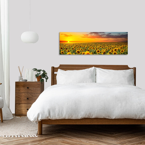Quadro Stampa su Tela con Telaio in Legno paesaggio campo di girasoli tramonti