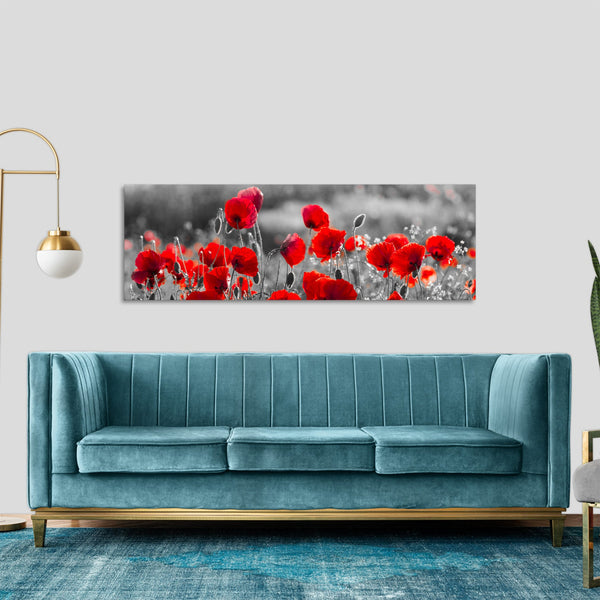 Quadro Stampa su Tela con Telaio in Legno paesaggio papaveri