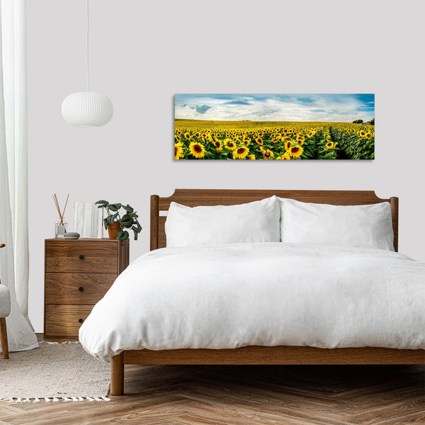 Quadro Stampa su Tela con Telaio in Legno paesaggio campo di girasoli