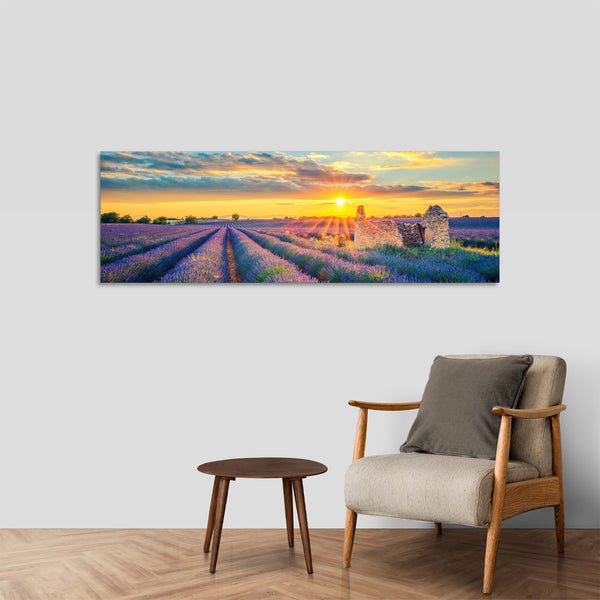 Quadro Stampa su Tela con Telaio in Legno paesaggio tramonto campo di lavanda provenza