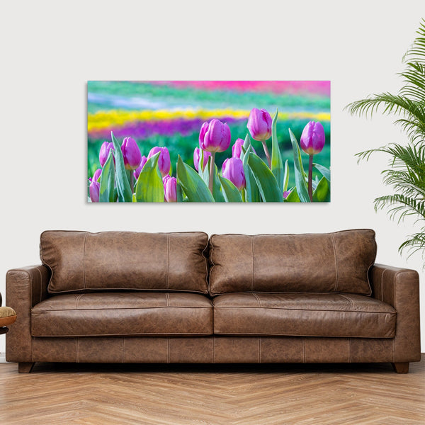 Quadro Stampa su Tela con Telaio in Legno paesaggio fiori