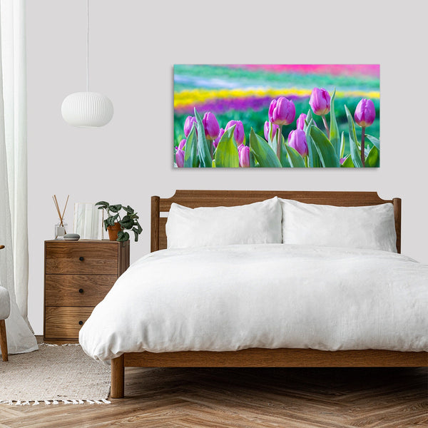 Quadro Stampa su Tela con Telaio in Legno paesaggio fiori