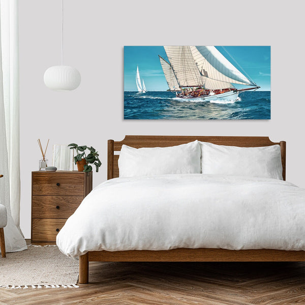 Quadro Stampa su Tela con Telaio in Legno paesaggio mare barche a vela